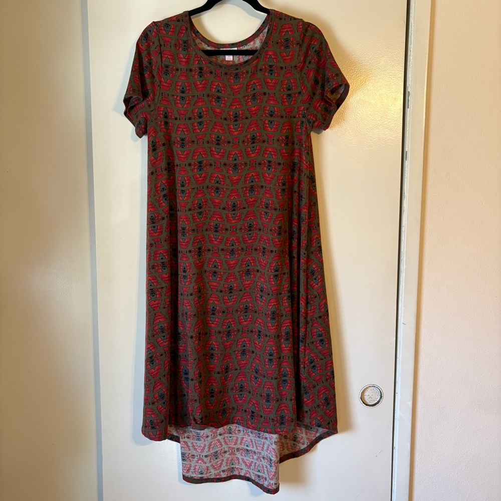 Lularoe Carly‎ dress size small green red orange pixelated peacock eye pre-owned